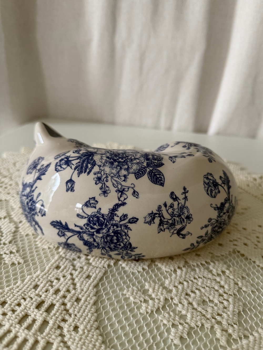 Darling Blue & White Floral Sleeping Ceramic Cat by Surry & Selena - 7” long - Picture 3 of 4